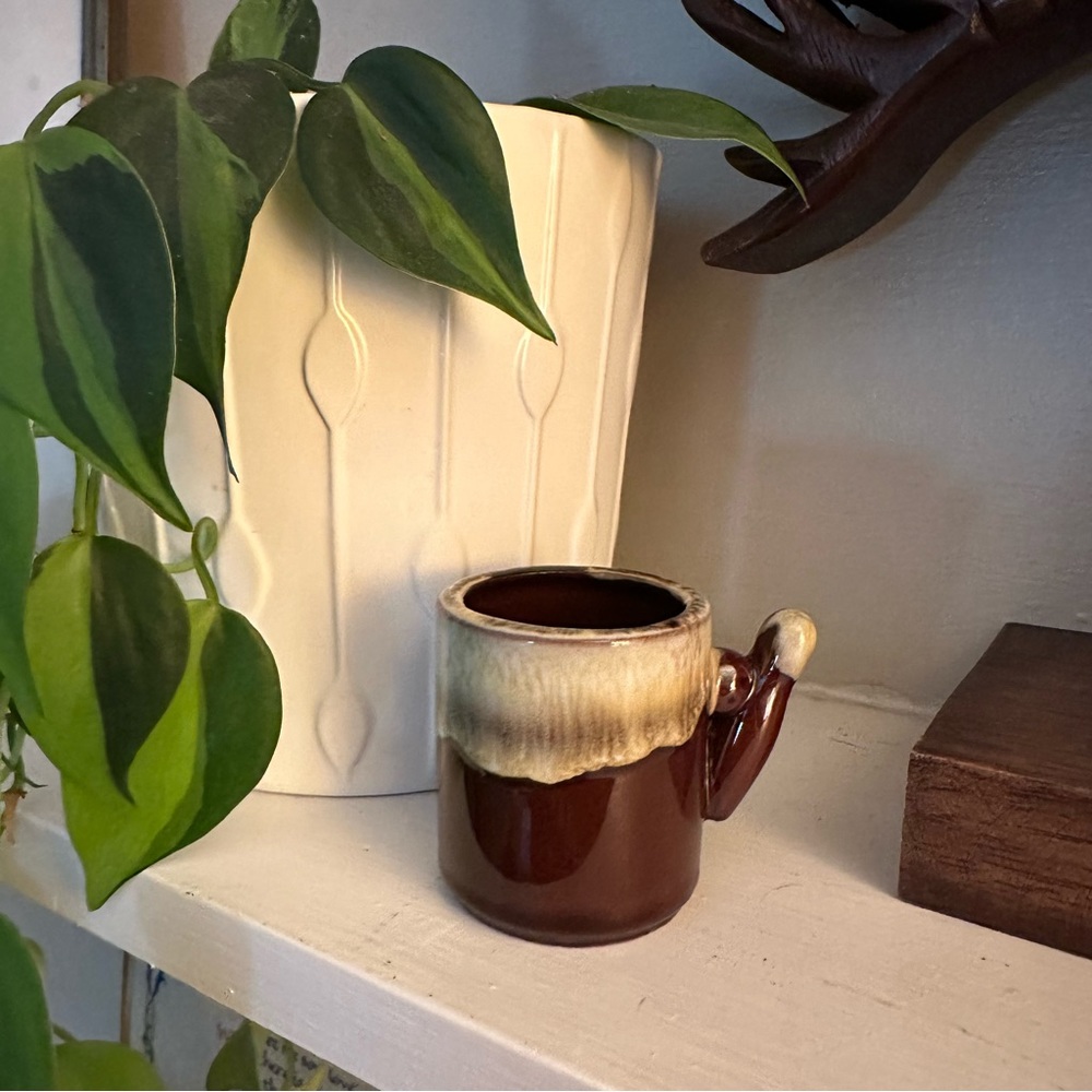 Vintage 1970s Espresso Cup - Cream Drip Glaze Over Brown Red Clay Pottery